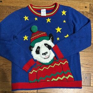 Ugly Christmas Panda Sweater - Blue, Red, Never worn, tags removed. Kids Large